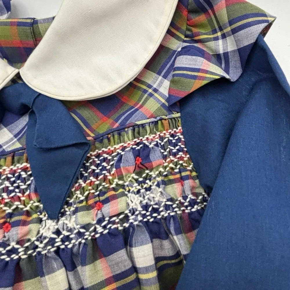 Vintage Polly Flinders 4T‎ Girl Dress Smocked HandEmbroidered Plaid Collared
